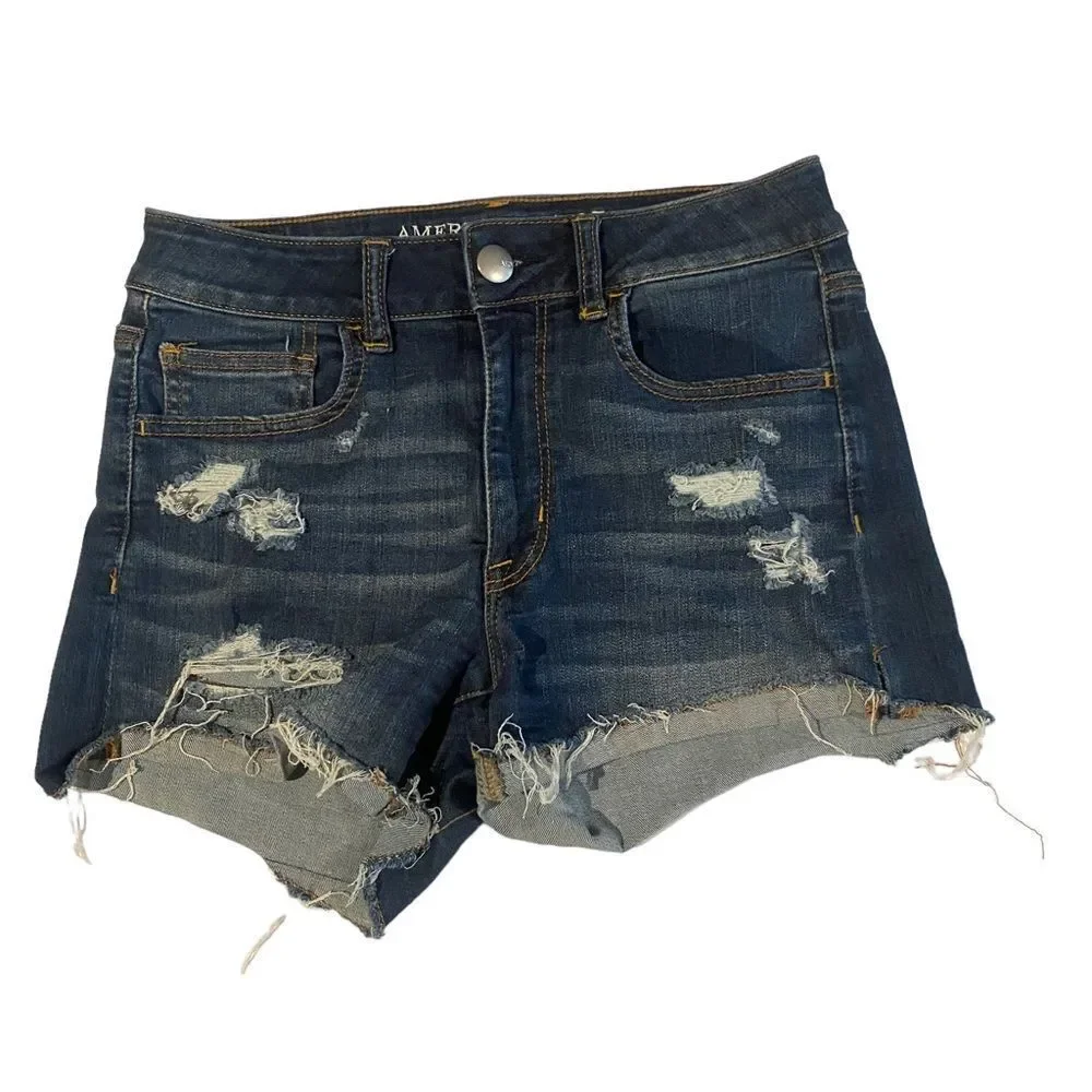 American Eagle Hi Rise Shortie Denim Distressed Shorts‎ Sz 6